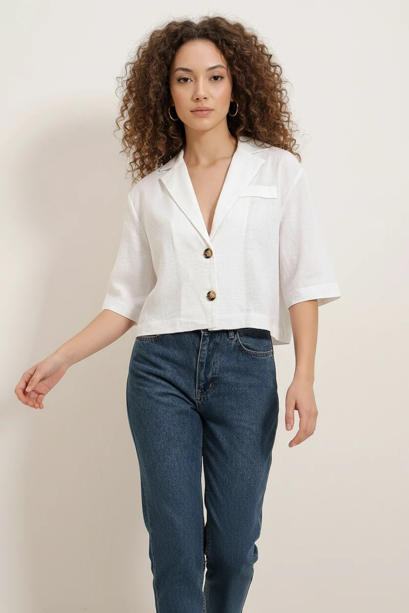 Kadın Gömlek Yaka Crop Oversize Düğmeli Keten Beyaz Ceket