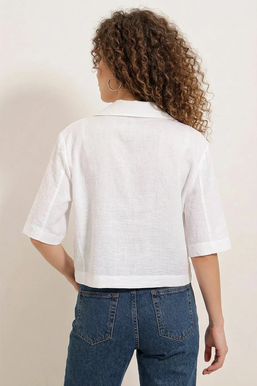 Kadın Gömlek Yaka Crop Oversize Düğmeli Keten Beyaz Ceket