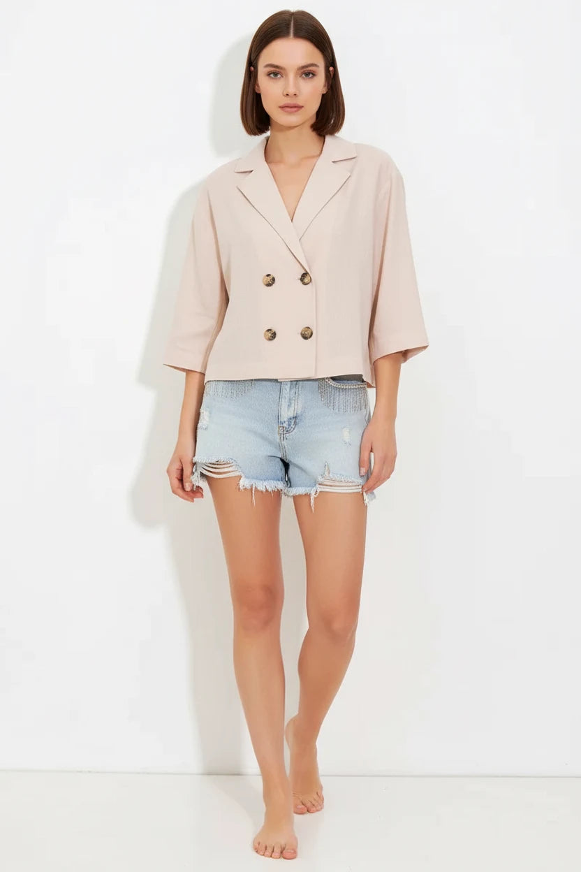 Kadın Klasik Yaka Çift Düğmeli Crop Oversize Keten Krem Ceket