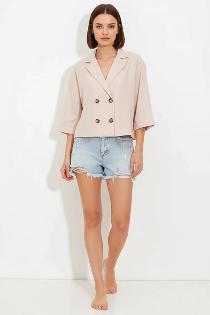 Kadın Klasik Yaka Çift Düğmeli Crop Oversize Keten Krem Ceket