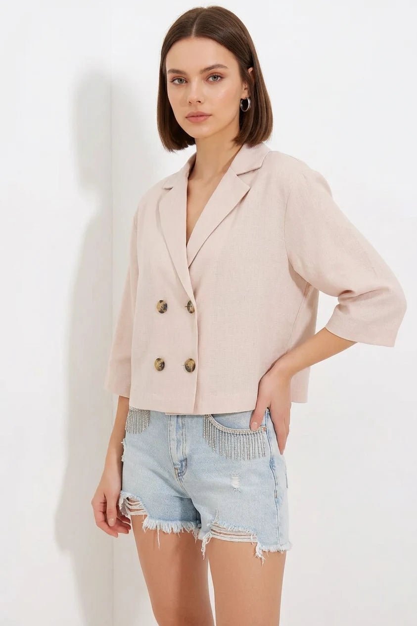 Kadın Klasik Yaka Çift Düğmeli Crop Oversize Keten Krem Ceket
