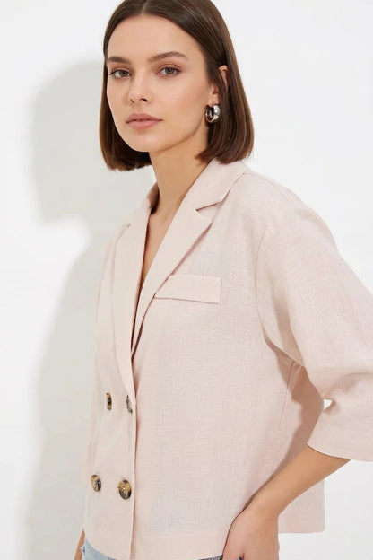 Kadın Klasik Yaka Çift Düğmeli Crop Oversize Keten Krem Ceket
