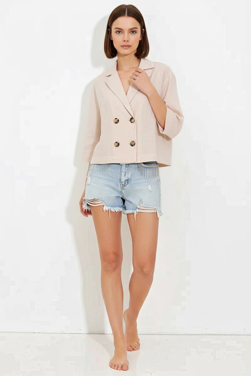 Kadın Klasik Yaka Çift Düğmeli Crop Oversize Keten Krem Ceket