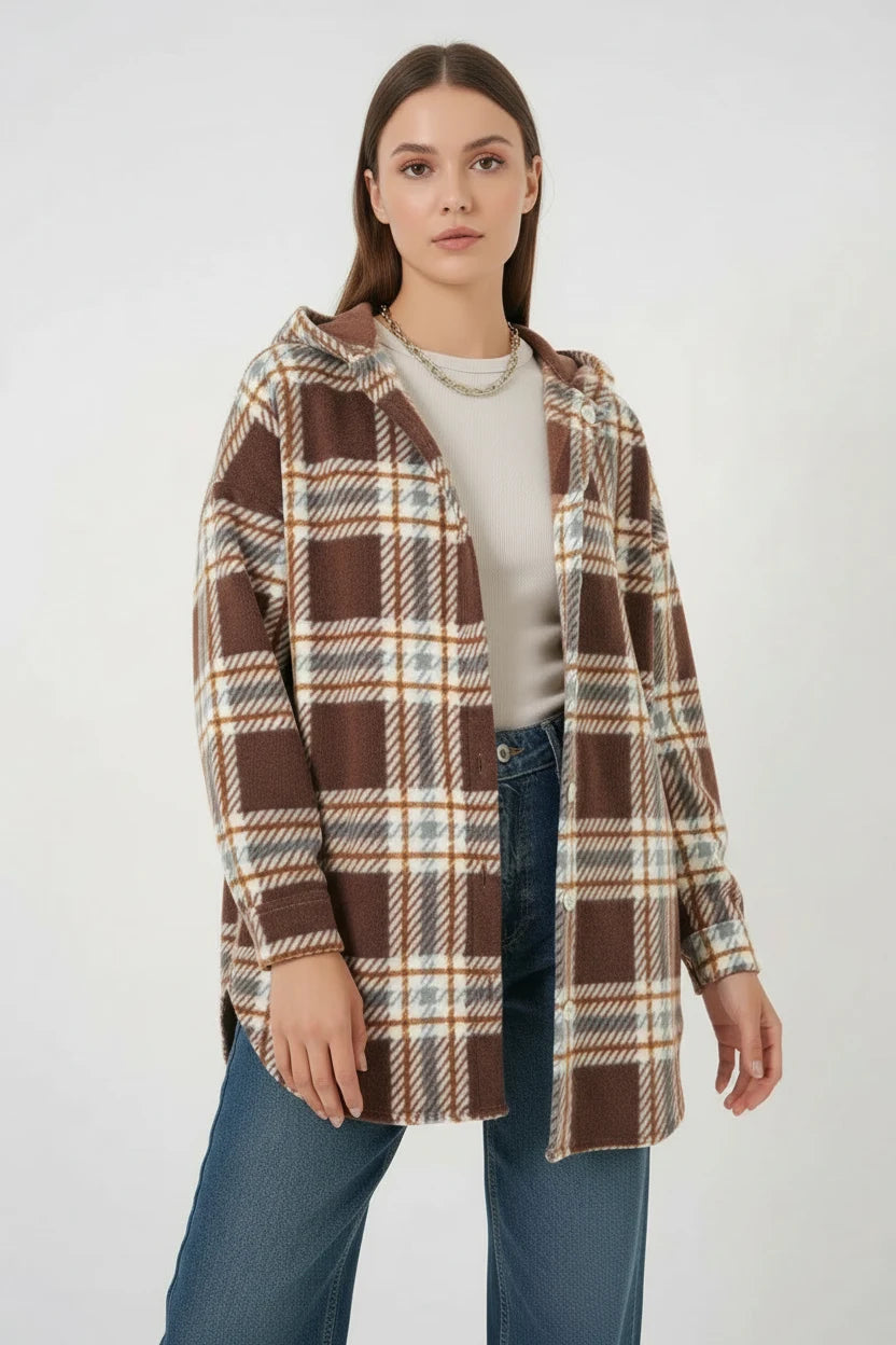 Kadın Kapüşonlu Oversize Kareli Desenli Kahverengi Gömlek