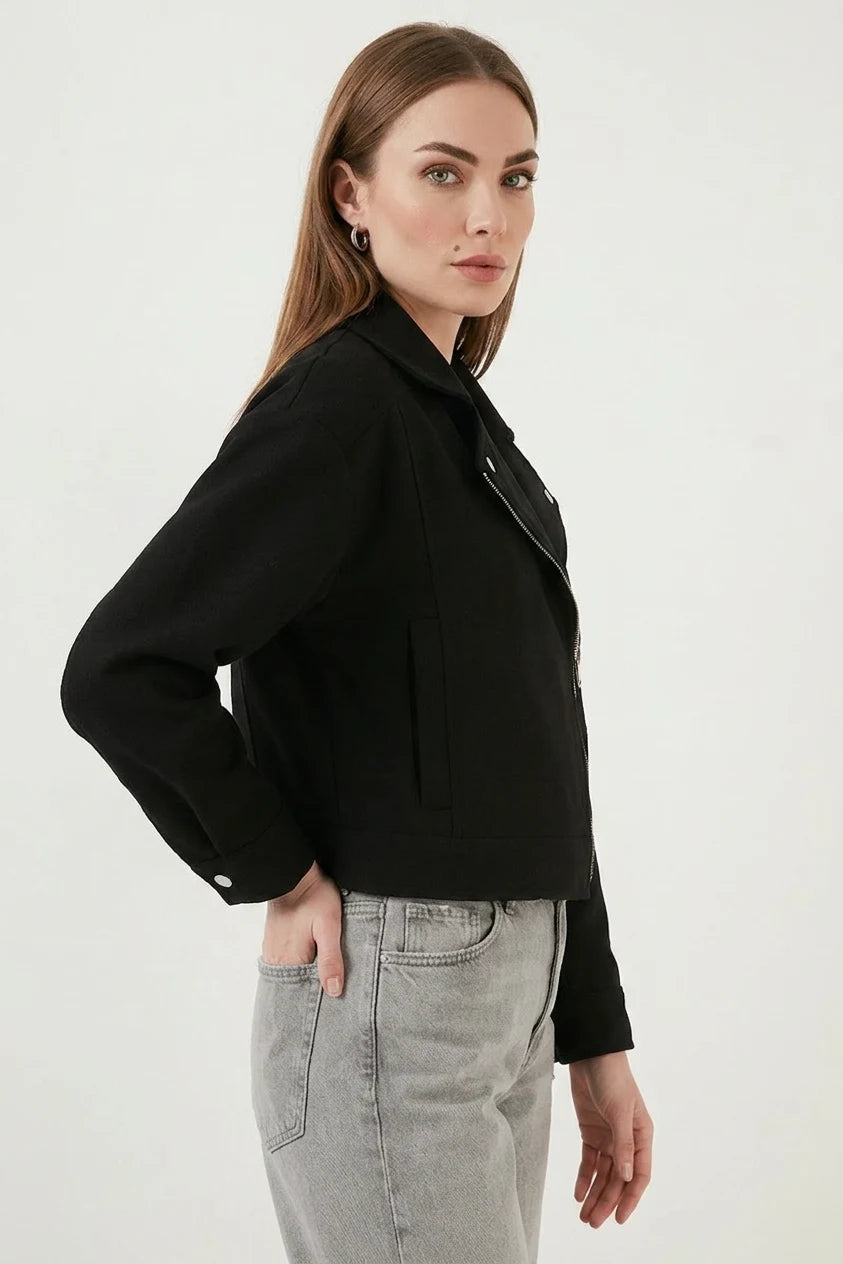 Kadın Klasik Yaka Fermuarlı Pamuklu Ceket