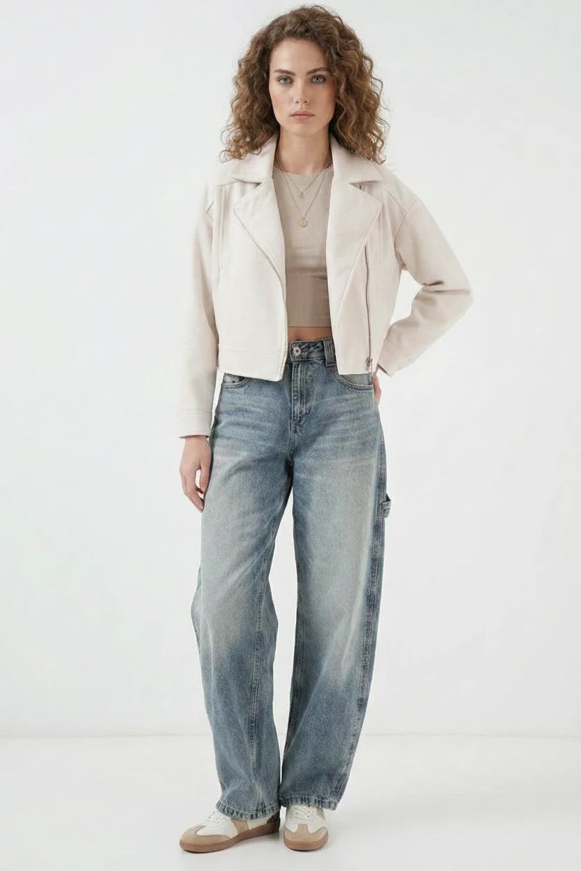 Kadın Klasik Yaka Fermuarlı Pamuklu Ceket