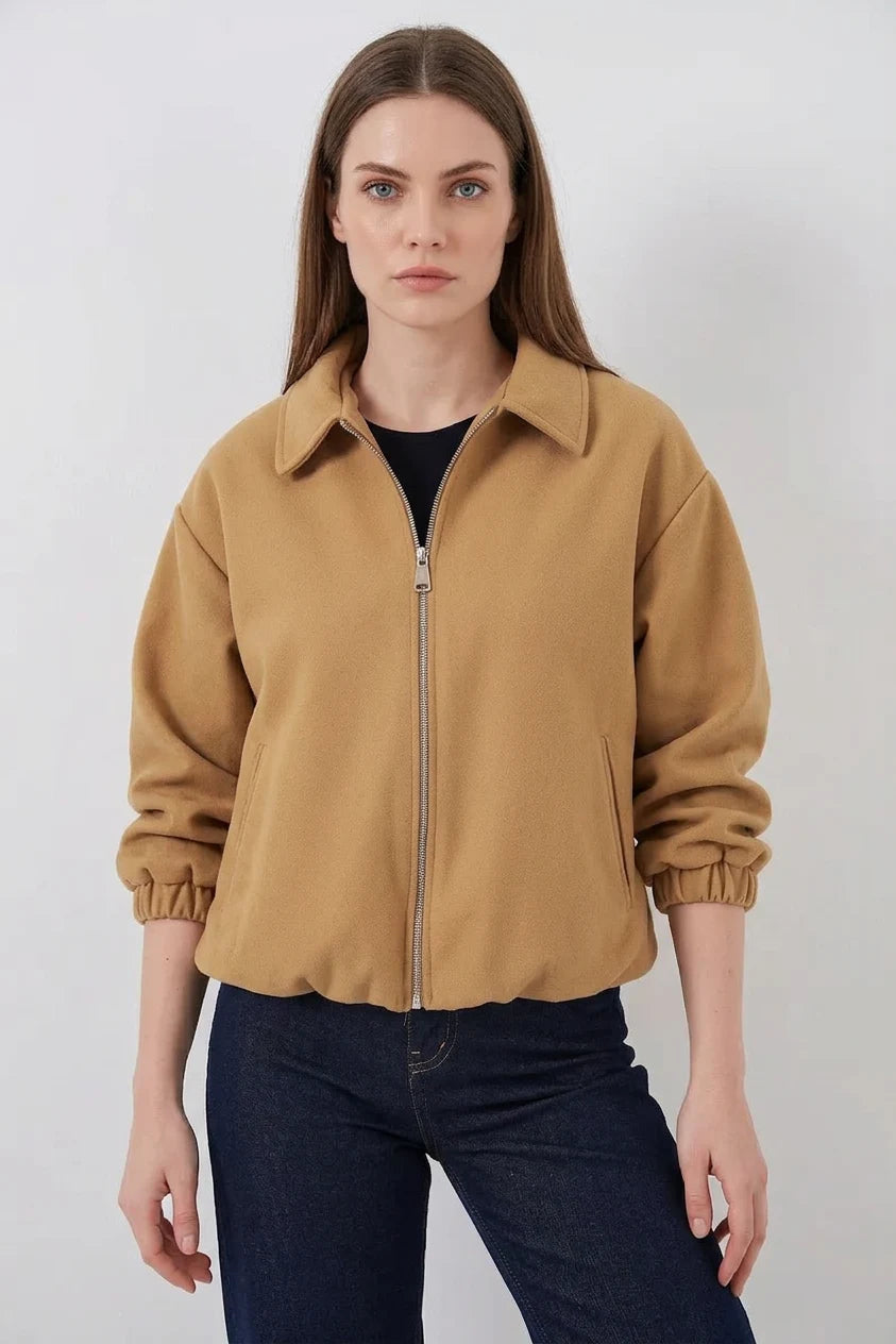 Kadın Gömlek Yaka Belden Büzgülü Oversize Pamuklu Hardal Ceket