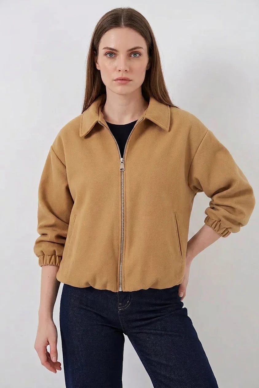 Kadın Gömlek Yaka Belden Büzgülü Oversize Pamuklu Hardal Ceket