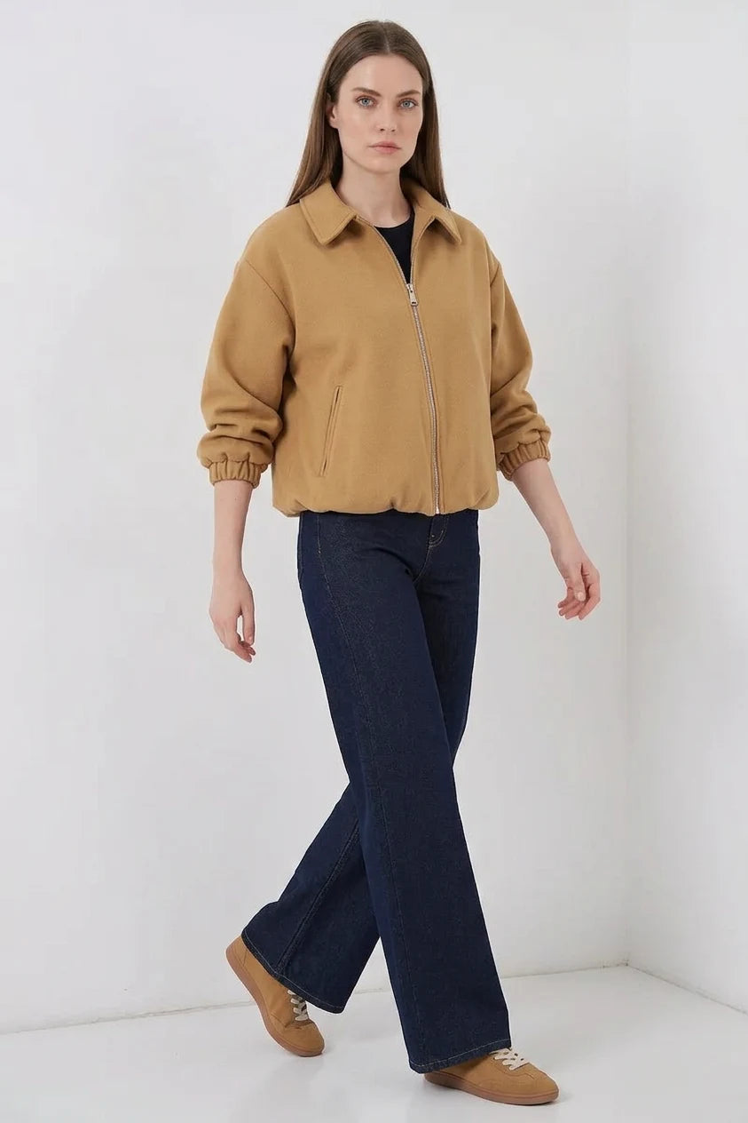 Kadın Gömlek Yaka Belden Büzgülü Oversize Pamuklu Hardal Ceket