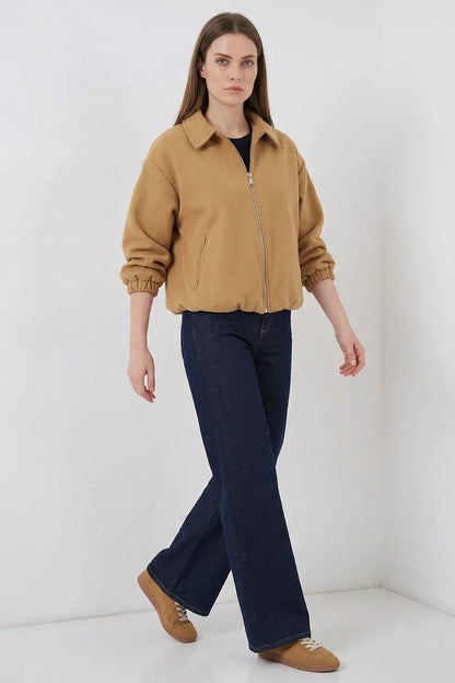 Kadın Gömlek Yaka Belden Büzgülü Oversize Pamuklu Hardal Ceket