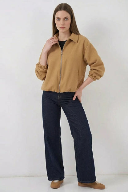 Kadın Gömlek Yaka Belden Büzgülü Oversize Pamuklu Hardal Ceket