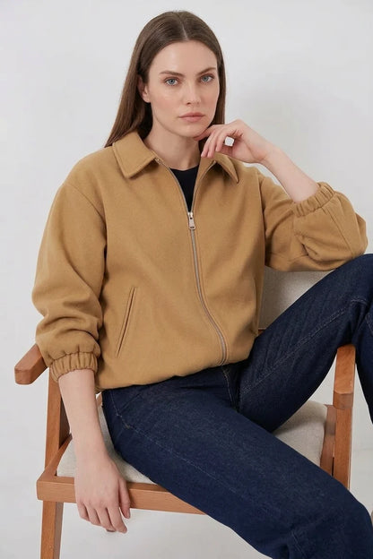 Kadın Gömlek Yaka Belden Büzgülü Oversize Pamuklu Hardal Ceket