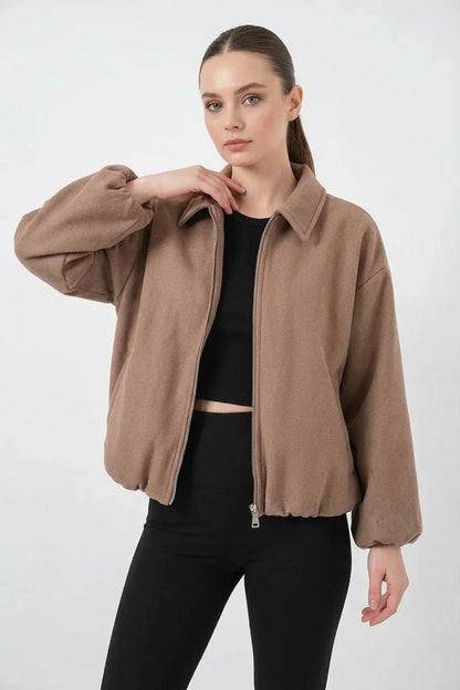 Kadın Gömlek Yaka Büzgülü Oversize Kesim Pamuklu Bisküvi Ceket