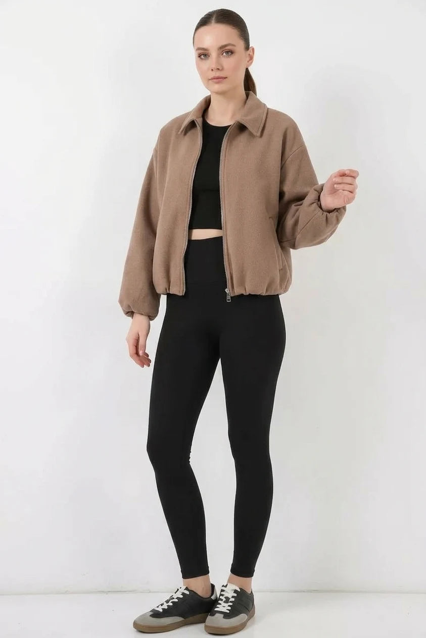 Kadın Gömlek Yaka Büzgülü Oversize Kesim Pamuklu Bisküvi Ceket