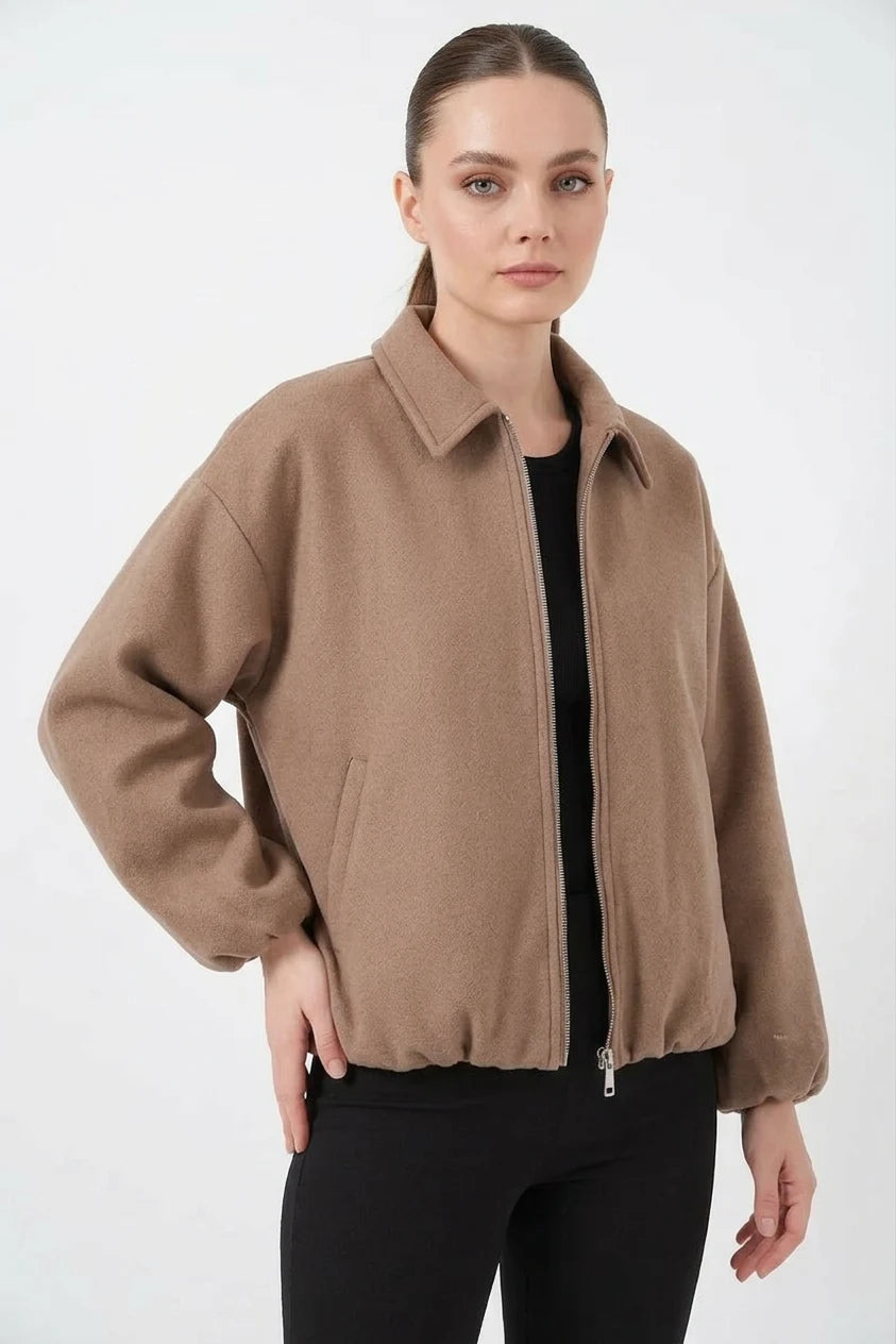 Kadın Gömlek Yaka Büzgülü Oversize Kesim Pamuklu Bisküvi Ceket