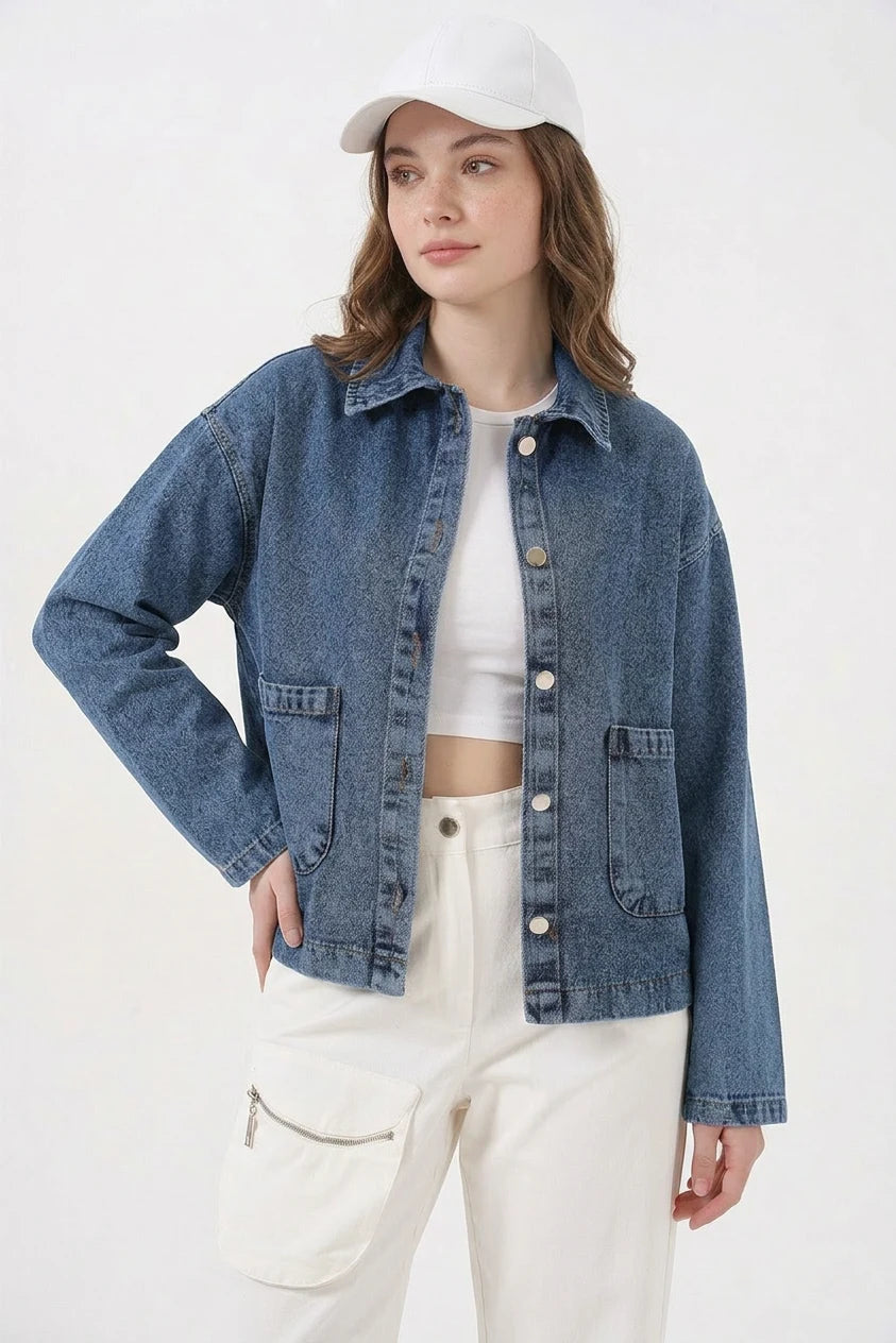 Kadın Klasik Yaka Çift Cepli Denim Lacivert Ceket