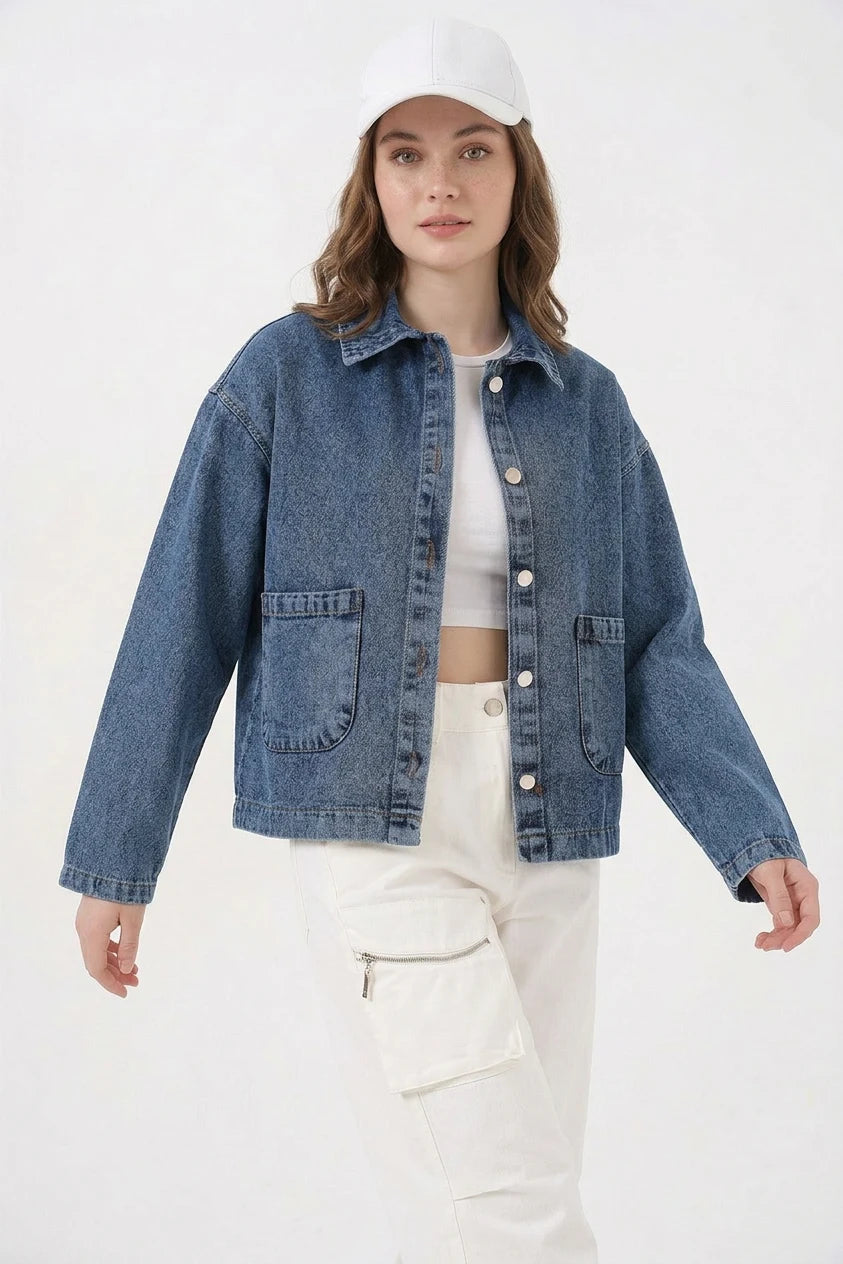Kadın Klasik Yaka Çift Cepli Denim Lacivert Ceket