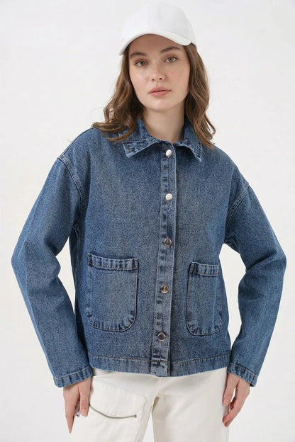 Kadın Klasik Yaka Çift Cepli Denim Lacivert Ceket