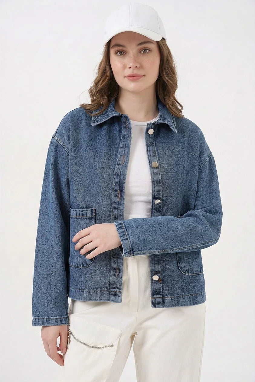 Kadın Klasik Yaka Çift Cepli Denim Lacivert Ceket