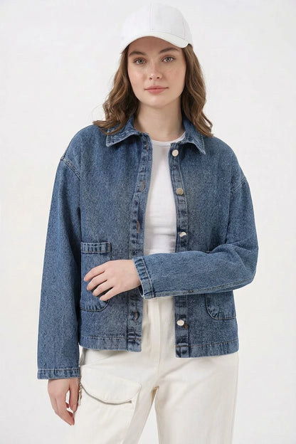 Kadın Klasik Yaka Çift Cepli Denim Lacivert Ceket
