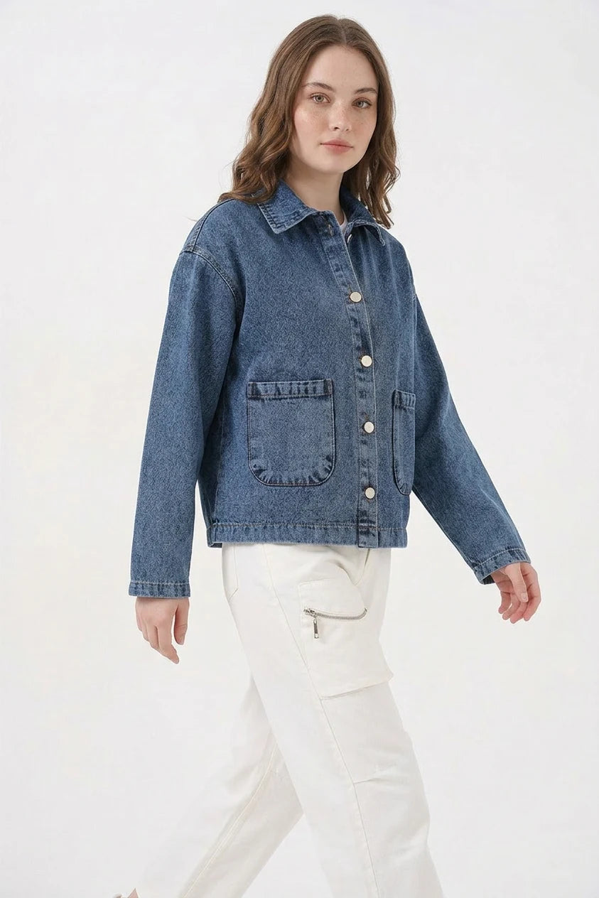 Kadın Klasik Yaka Çift Cepli Denim Lacivert Ceket