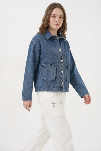 Kadın Klasik Yaka Çift Cepli Denim Lacivert Ceket