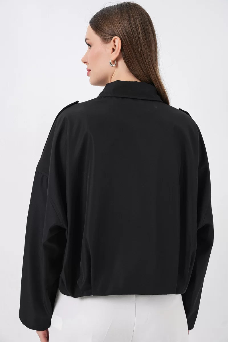 Kadın Gömlek Yaka Oversize Omuz apoletli Siyah Ceket