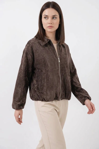 Kadın Klasik Yaka Normal Büzgülü Oversize Kadife Kahverengi Ceket