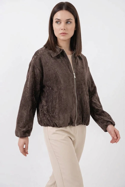 Kadın Klasik Yaka Normal Büzgülü Oversize Kadife Kahverengi Ceket