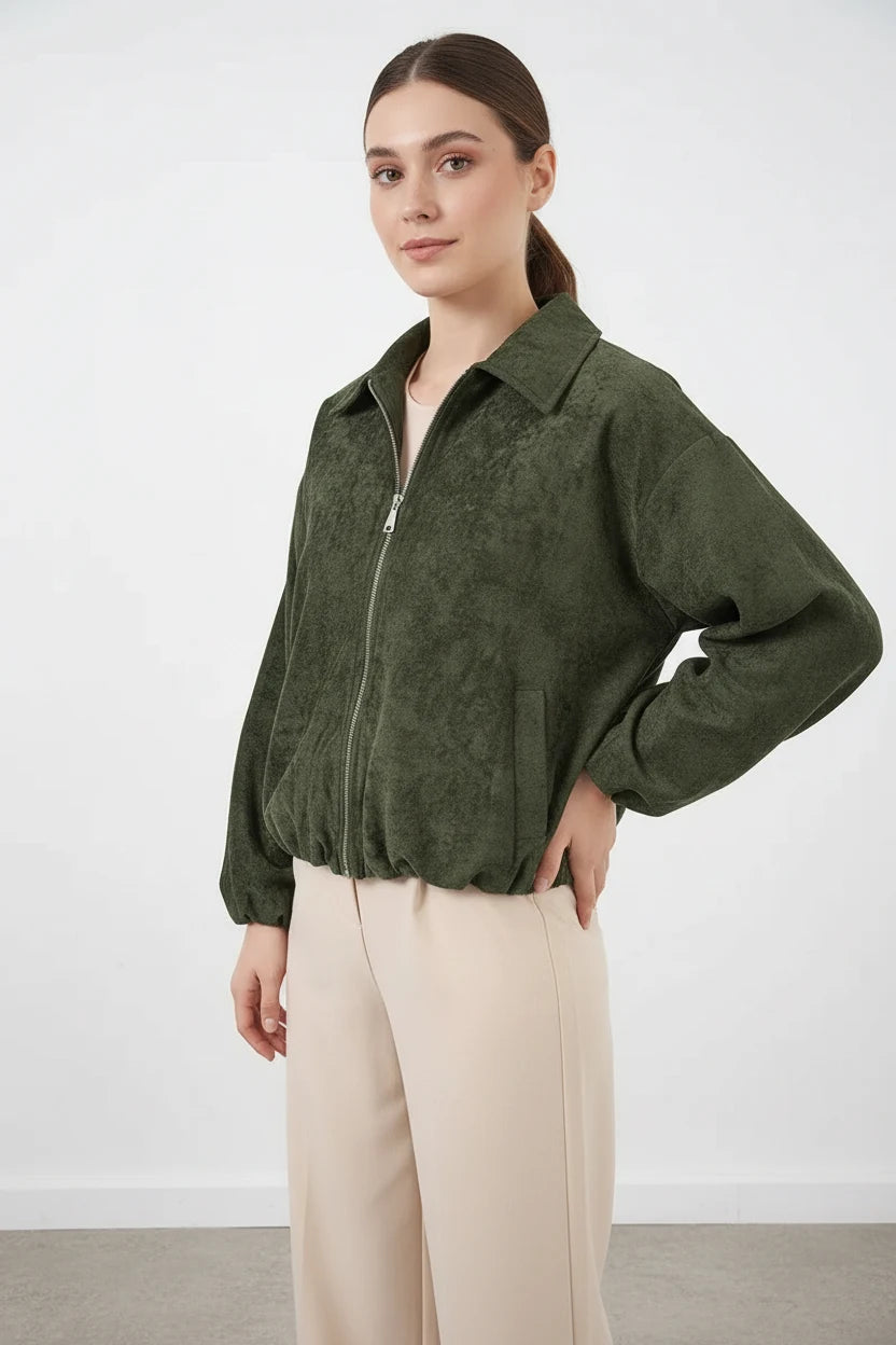 Kadın Gömlek Yaka Büzgülü Oversize Kadife Haki Ceket