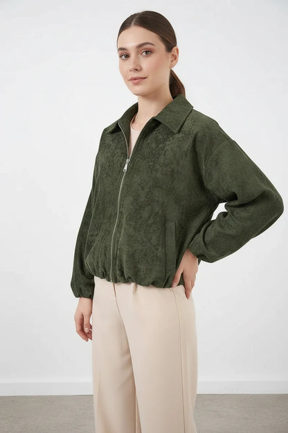 Kadın Gömlek Yaka Büzgülü Oversize Kadife Haki Ceket