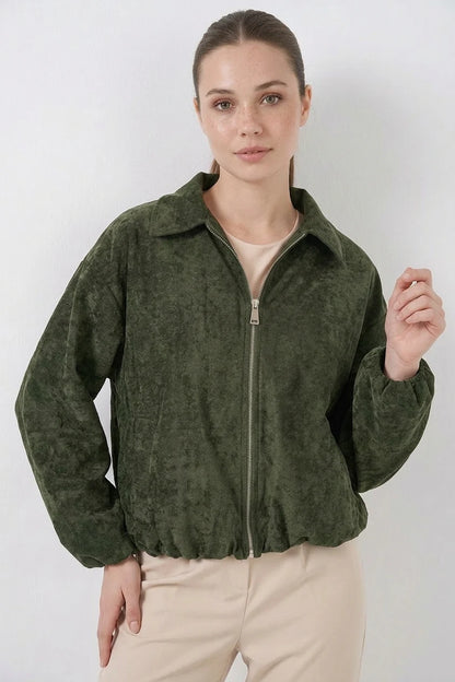 Kadın Gömlek Yaka Büzgülü Oversize Kadife Haki Ceket