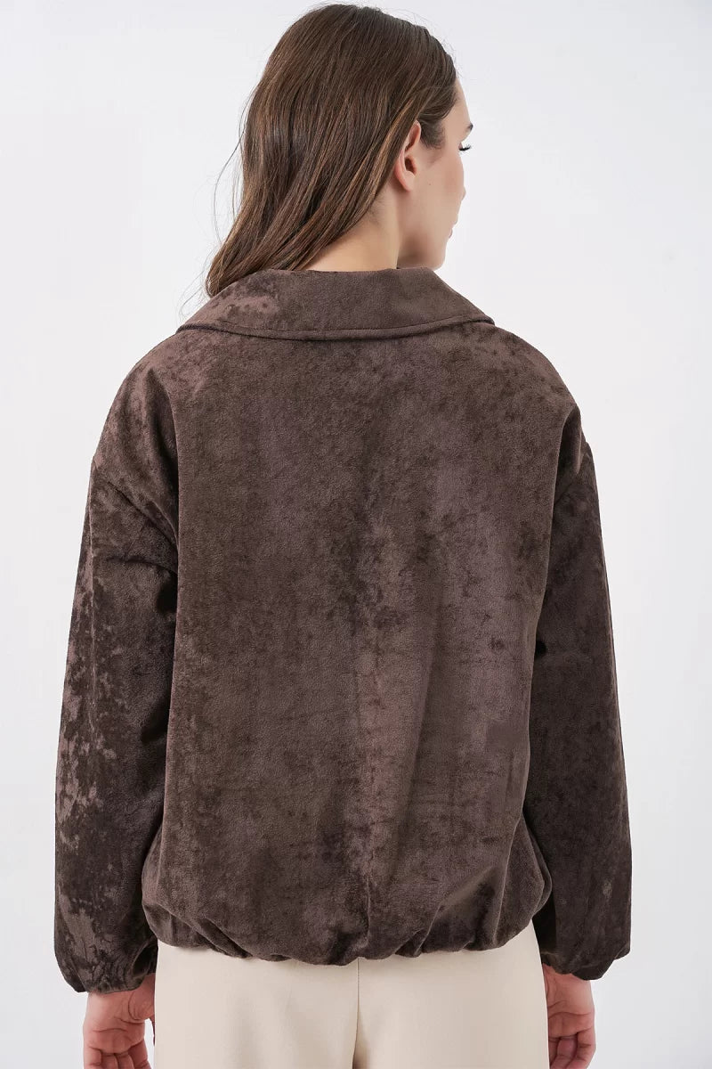 Kadın Klasik Yaka Normal Büzgülü Oversize Kadife Kahverengi Ceket