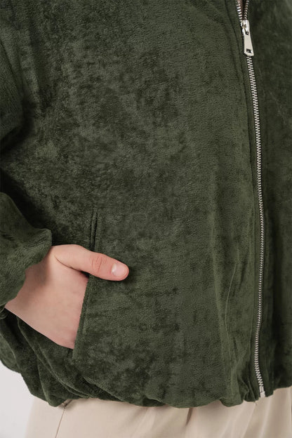 Kadın Gömlek Yaka Büzgülü Oversize Kadife Haki Ceket
