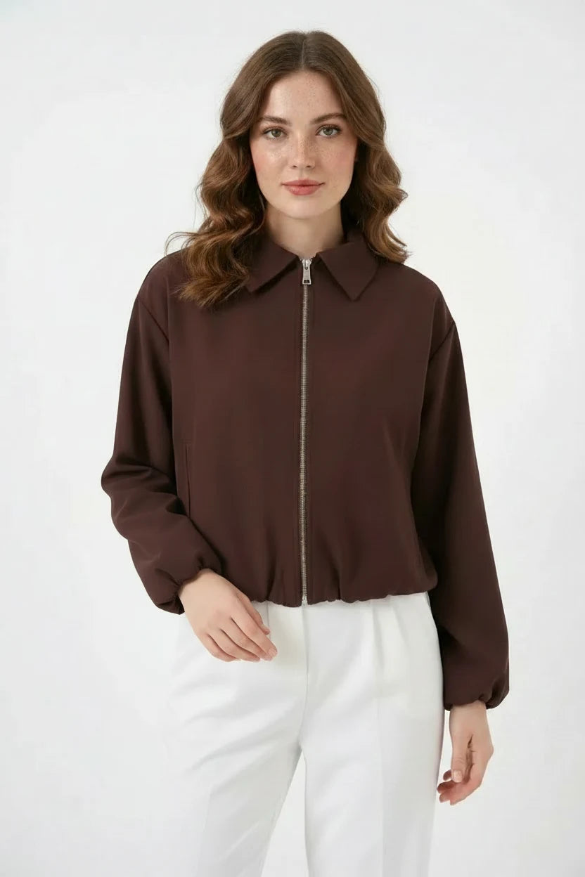 Kadın Gömlek Yaka Beli Büzgülü Fermuarlı Oversize Kahverengi Ceket