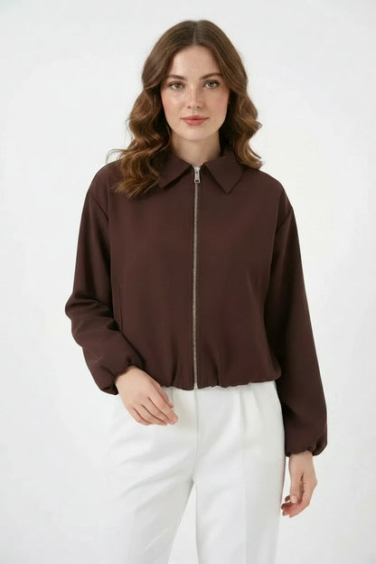 Kadın Gömlek Yaka Beli Büzgülü Fermuarlı Oversize Kahverengi Ceket