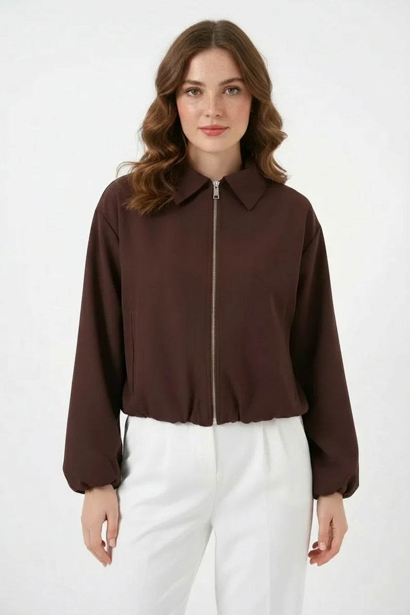 Kadın Gömlek Yaka Beli Büzgülü Fermuarlı Oversize Kahverengi Ceket