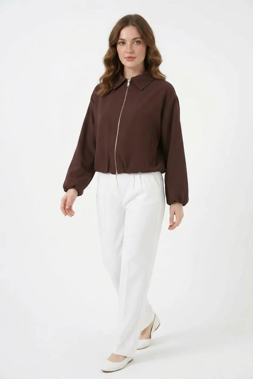 Kadın Gömlek Yaka Beli Büzgülü Fermuarlı Oversize Kahverengi Ceket