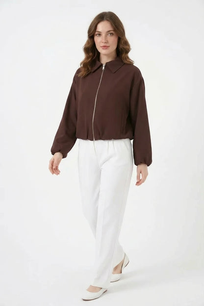 Kadın Gömlek Yaka Beli Büzgülü Fermuarlı Oversize Kahverengi Ceket