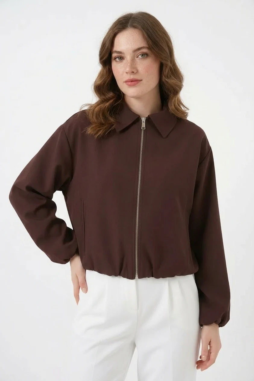 Kadın Gömlek Yaka Beli Büzgülü Fermuarlı Oversize Kahverengi Ceket