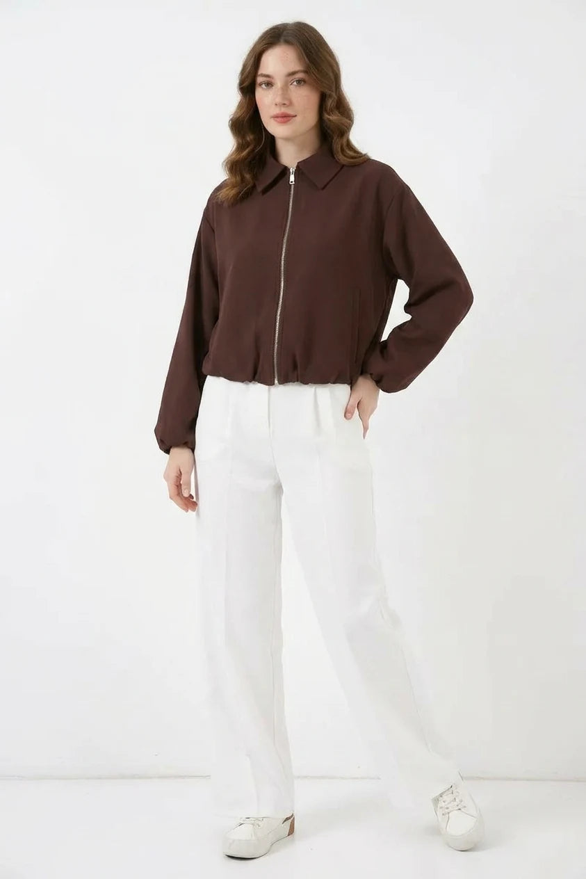 Kadın Gömlek Yaka Beli Büzgülü Fermuarlı Oversize Kahverengi Ceket