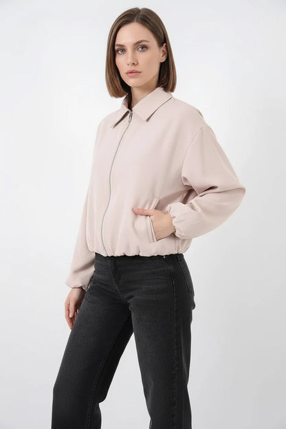 Kadın Klasik Yaka Normal Fermuarlı Oversize Krem Ceket