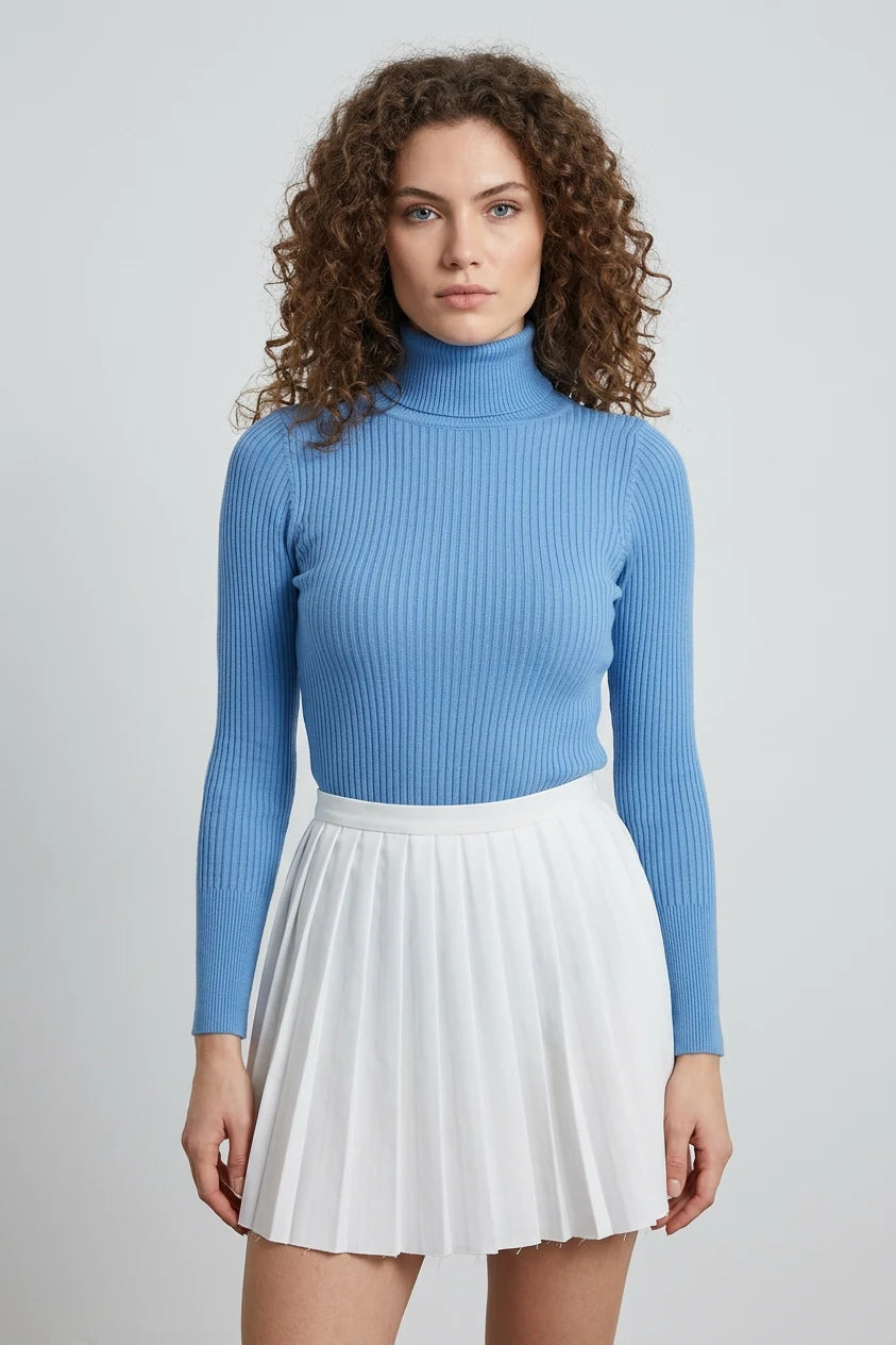 Kadın Balıkçı Yaka Fit Kesim Triko Mavi Kazak