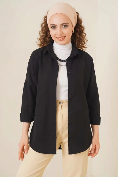 Kadın Oversize Kesim Basic Pamuklu Siyah Tesettür Gömlek