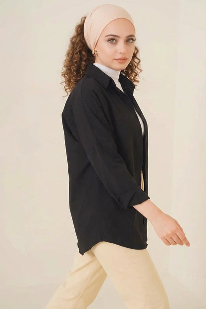 Kadın Oversize Kesim Basic Pamuklu Siyah Tesettür Gömlek