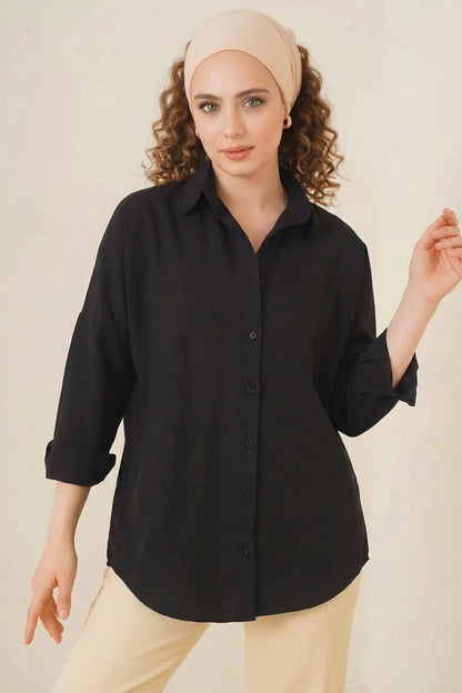 Kadın Oversize Kesim Basic Pamuklu Siyah Tesettür Gömlek