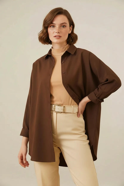Kadın Oversize Kesim Basic Pamuklu Kahverengi Tesettür Gömlek