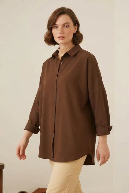 Kadın Oversize Kesim Basic Pamuklu Kahverengi Tesettür Gömlek