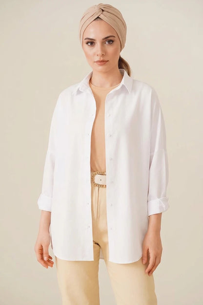 Kadın Oversize Basic Pamuklu Beyaz Tesettür Gömlek