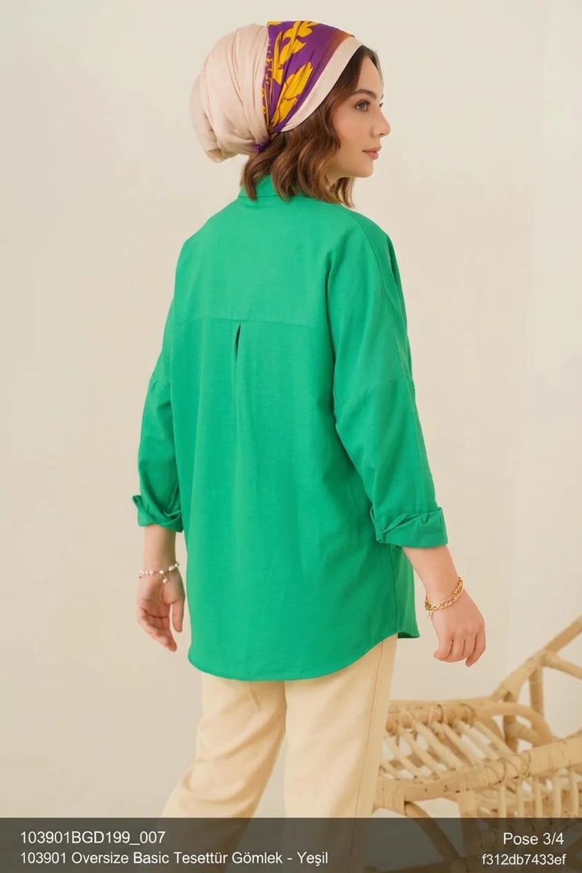 Kadın Oversize Kesim Basic Pamuklu Yeşil Tesettür Gömlek